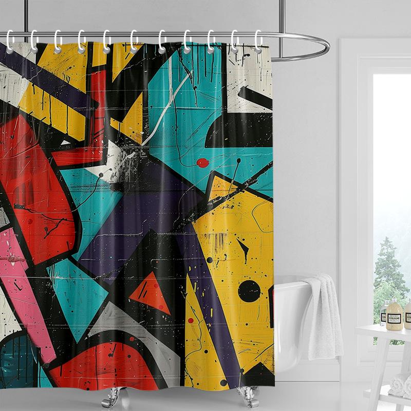 Graffiti Art Shower Curtain-Neon Splash Waterproof Bathroom Decoration with Handwritten Edge, Modern Bathtub Shower Curtain