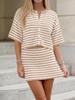 Women's Striped Knit 2 Piece Outfit Short Sleeve Button Cardigan and Mini Skirt