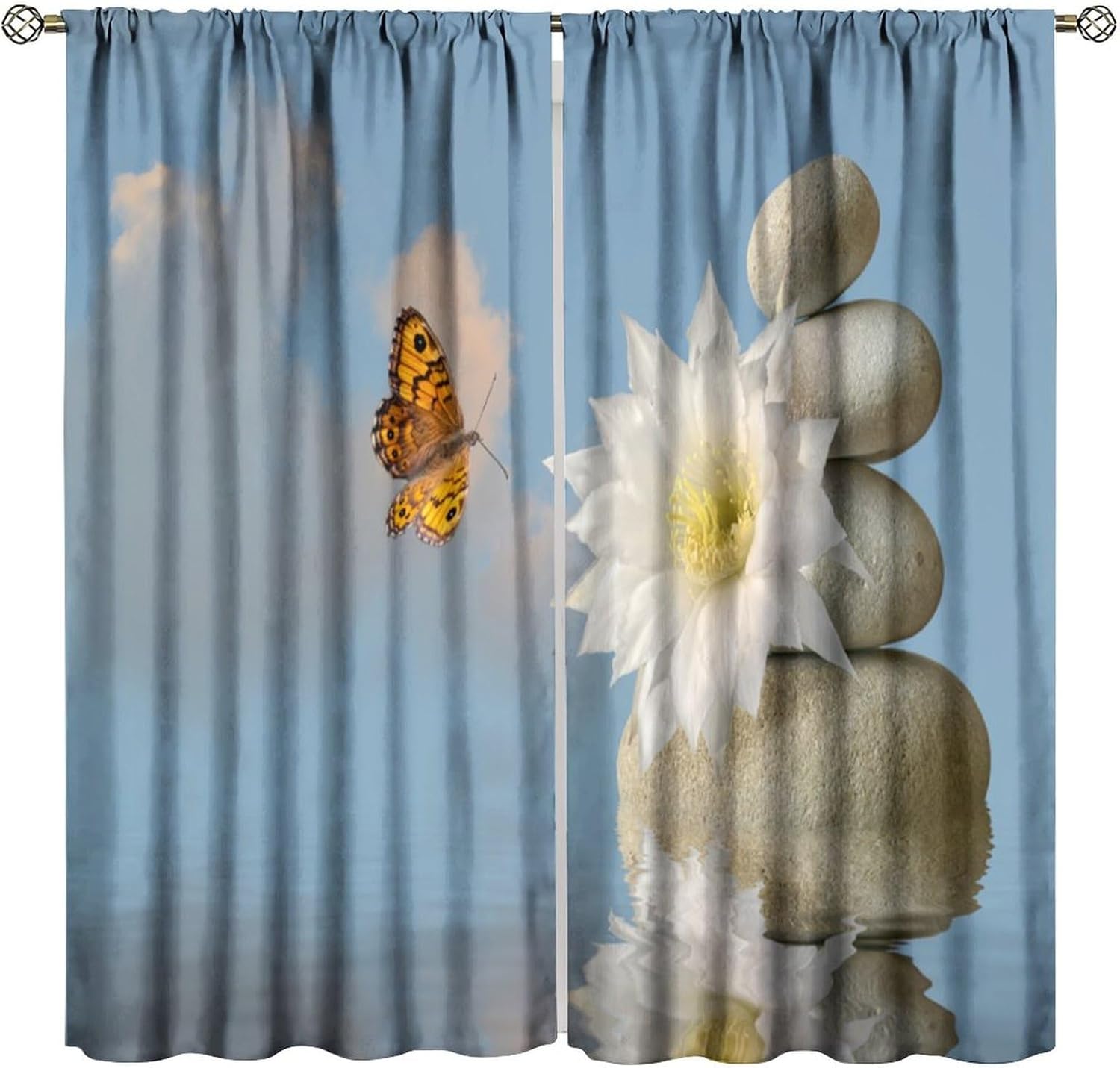 

Spa Zen Stone Curtains Butterfly Flower Blue Sky Window Drapes Bedroom Living Room Curtain Light Blocking For Area Made Of Polyester With Rod Pocket W100*H70(CM)-Grommet top&2PCS