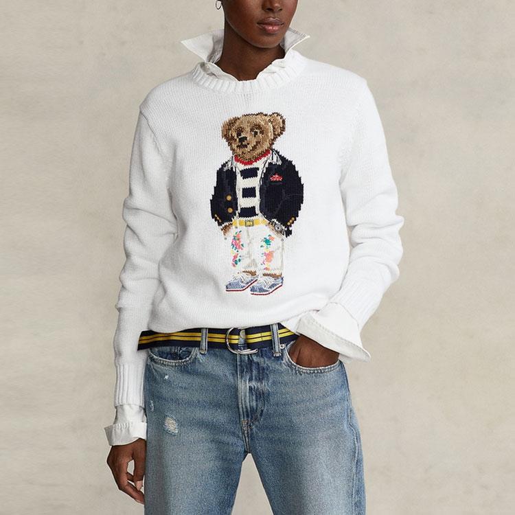 Polo Ralph Lauren Ss22 Bear Print Crew Neck Long Sleeve Knit Sweater Women sweater White RL22823-100