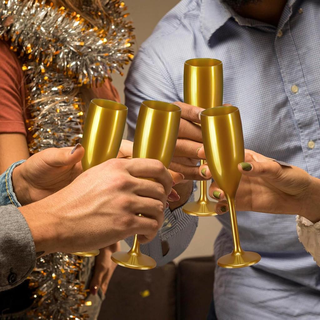 Acrylic Champagne Flutes 5.4 OZ Gold Unbreakable Toasting Glasses for Christmas Birthday (24 pcs)