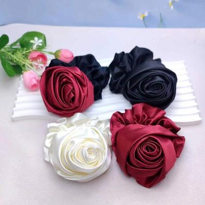 Corda de Cabeça de Flor Rosa Estilo Francês Retrô Delicado Flor Grande Anel de Cabelo Intestino Artístico Cetim Brilhante Scrunchies de Cabelo Mulher