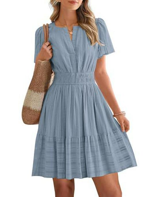 European & American V-neck Pleated Puff Sleeve Layered Dress for Women