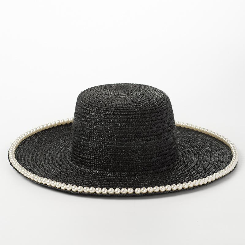 New fashion pearl chain brim straw flat top straw hat spring and summer outdoor travel sun protection shade beach straw hat