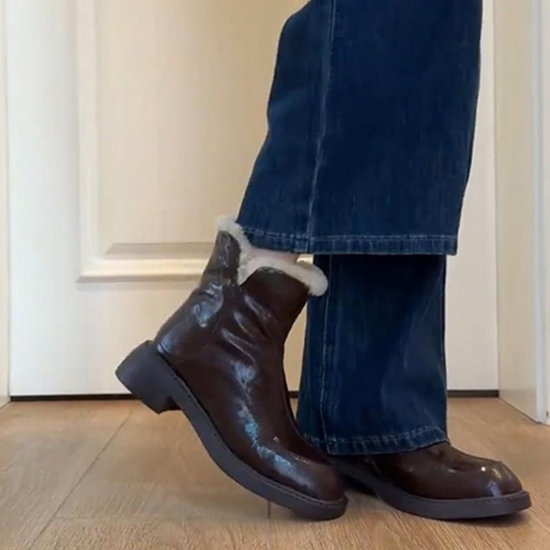 Leather Coarse Heel Snow Boots Women's 2025 New Winter Martin Boots Northeast Boots Thick Velvet Cotton Shoes High Heel Short Boots