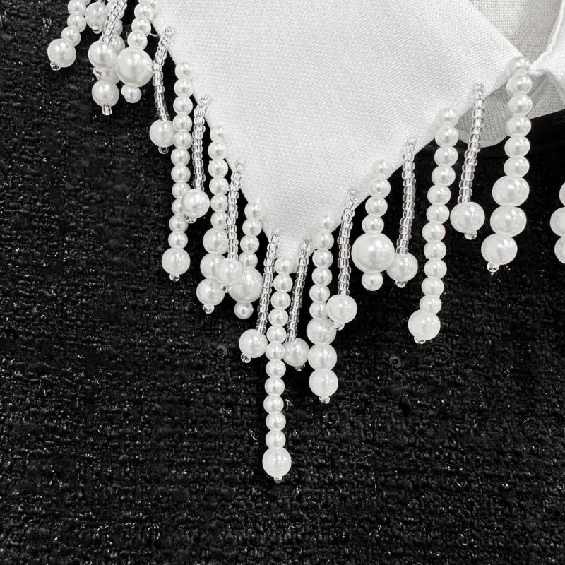Elegant Pearls Beaded Tassels Trim Detachable Faux Collar for Women Fashionable Bib Choker Necklace Clothing Accessory