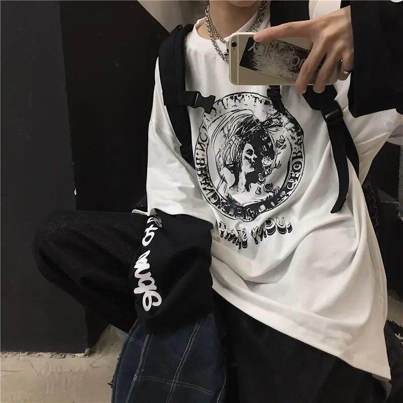 Koszulka 2KWEIRD dla Kobiet Jesień Anime Długi Rękaw Nadruk Y2k T-shirty Harajuku Męski T-shirt Top Streewear Casual Hip-pop Para Oversize T-shirt