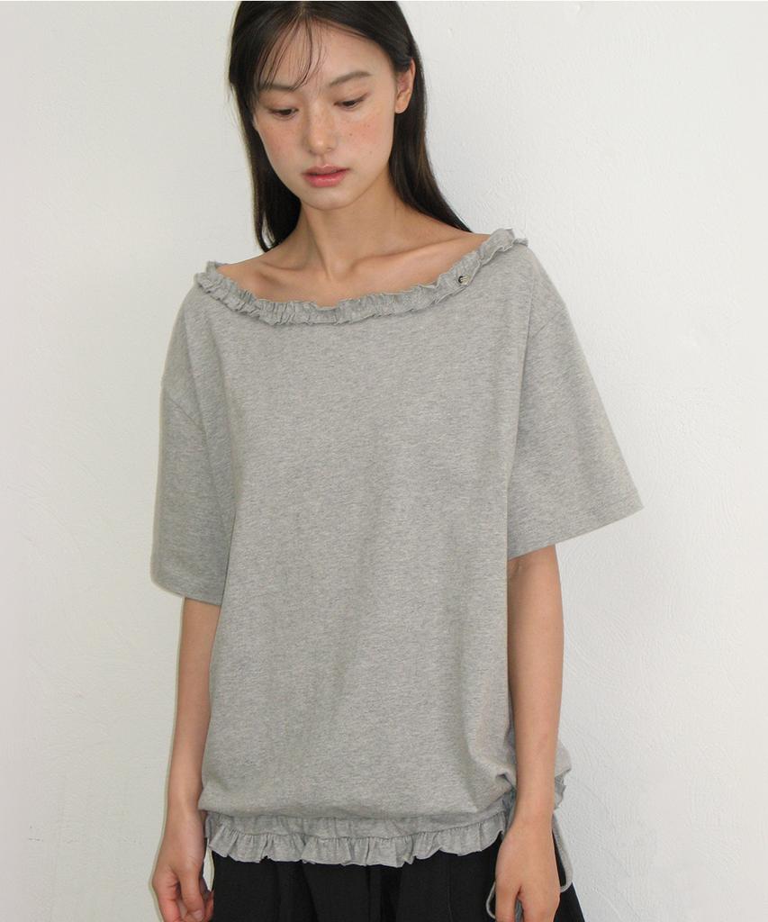 RONRON Frill Off Shoulder String T Shirt Gray