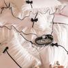 Romantic Lace Princess Black Bow Bedding Set Pink Korean Style Duvet/Comforter Cover Set Bed Sheet/Fitted Sheet Pillowcases 4Pcs