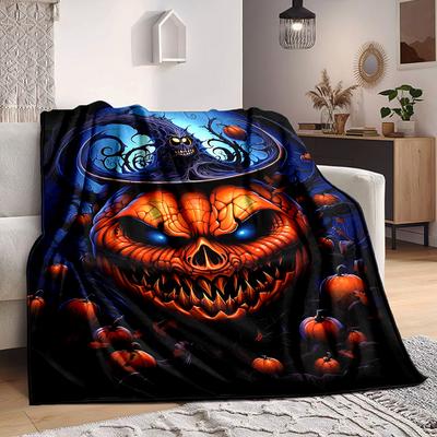 1pc Halloween Pumpkin Head Blanket, Lightweight Flannel Throw Blanket for Sofa, Bed, Travel, Camping, Living Room, Office, Couch, Chair, and Bed