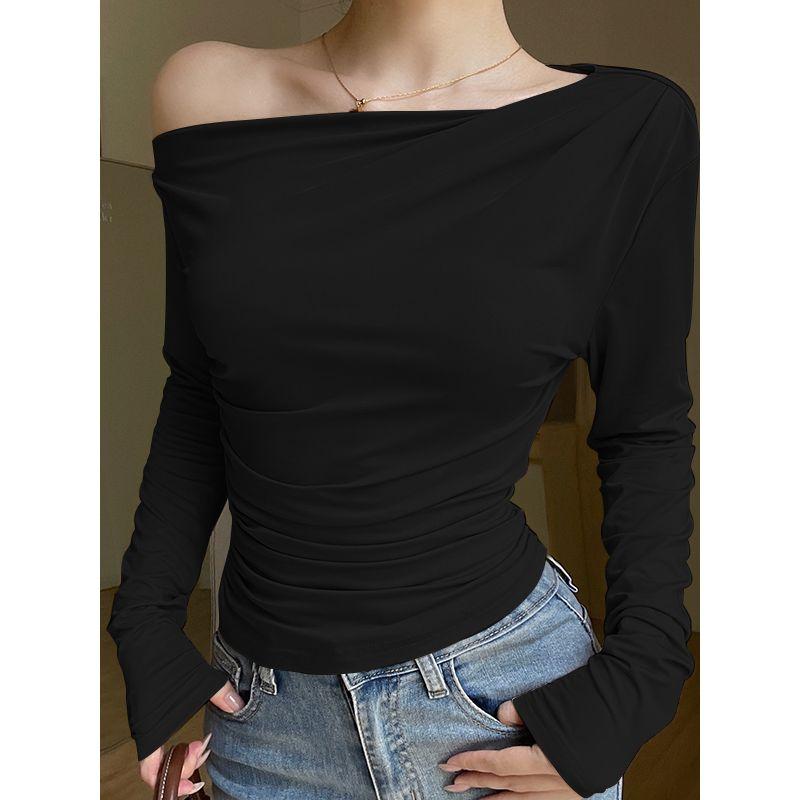 Xiaoke Wiwi Western Style Sloping Shoulder Long Sleeves Shirt Women 2025 New Design off-the-Shoulder Inner Wear Base Top Clothes