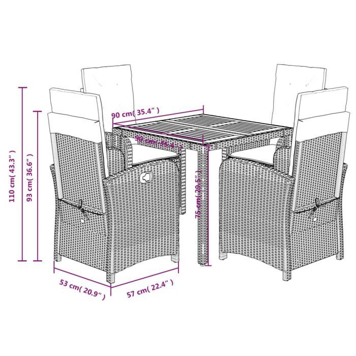 VidaXL Ensemble à Manger de Jardin avec Coussins 5 pcs, Table et Chaises avec Dossier Réglable, Meubles d'Extérieur Patio 3212231