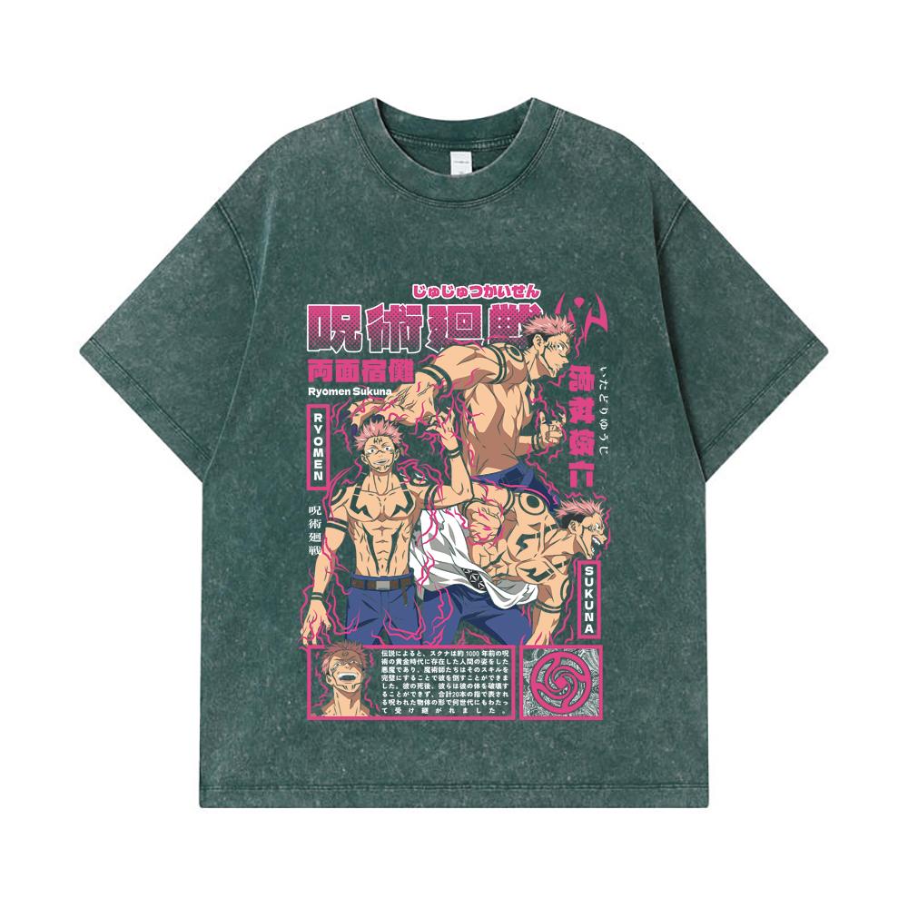 275 GSM Washed T-shirts 100% Cotton Jujutsu Kaisen V45 Sukuna Print Unisex Heavy Cotton T Shirt