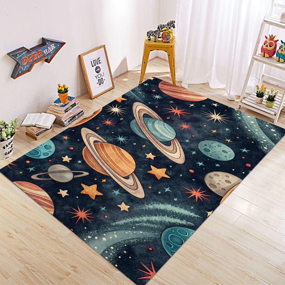 Cartoon Space Galaxy Carpet Mat Rug Colorful Planets Stars Pattern Non-Slip Floor Mat for Kids Room Living Room Home Decoration
