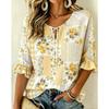Damen Mehrfarbiger Print Krawattenfront V-Ausschnitt 3/4 Rüschenärmel Lockere Bluse, Lässiges Tägliches Oberteil