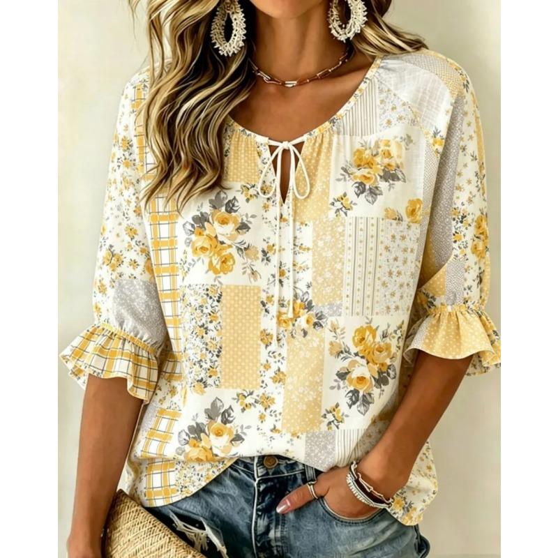 Damen Mehrfarbiger Print Krawattenfront V-Ausschnitt 3/4 Rüschenärmel Lockere Bluse, Lässiges Tägliches Oberteil
