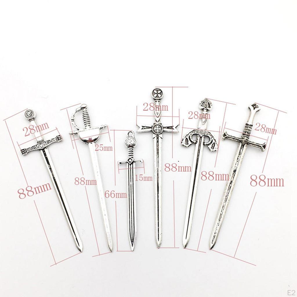 6 Pieces Knight Sword Charms Miniature Long Metal Antique Pendants for Dollhouse Decoration