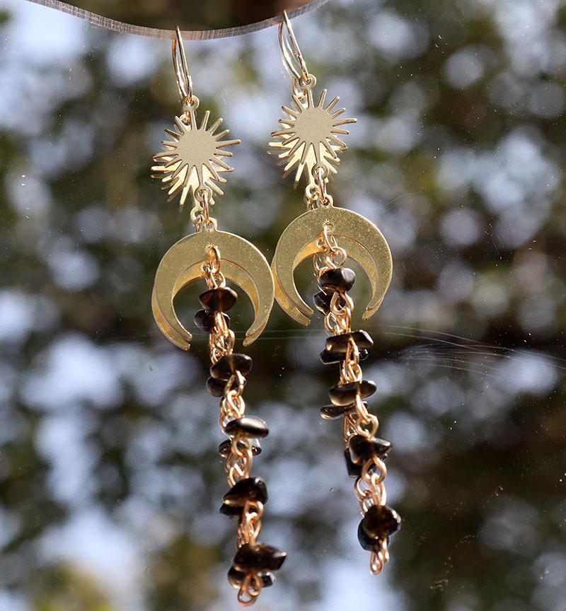 Natural Crystal Moon and Small Sun Earrings with Copper and Crushed Stone