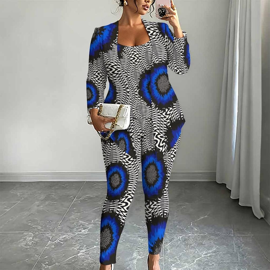 Plus Size Distressed Floral Print 3 Piece Outfit, Long Sleeve Open Front Cardigan Cami Top Leggings Set for Women