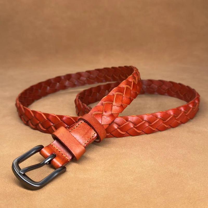 Vintage Handwoven Vegetable Tanned Cowhide Genuine Leather Belt Accessories Lead Pin Buckle Belt Top Layer Cowhide