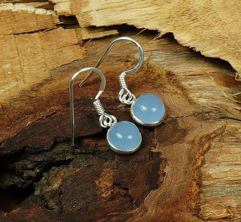 

Solid 925 Sterling Silver Aqua Chalcedony Round Gemstone minimalist Earring Drop Earrings Women Gifts