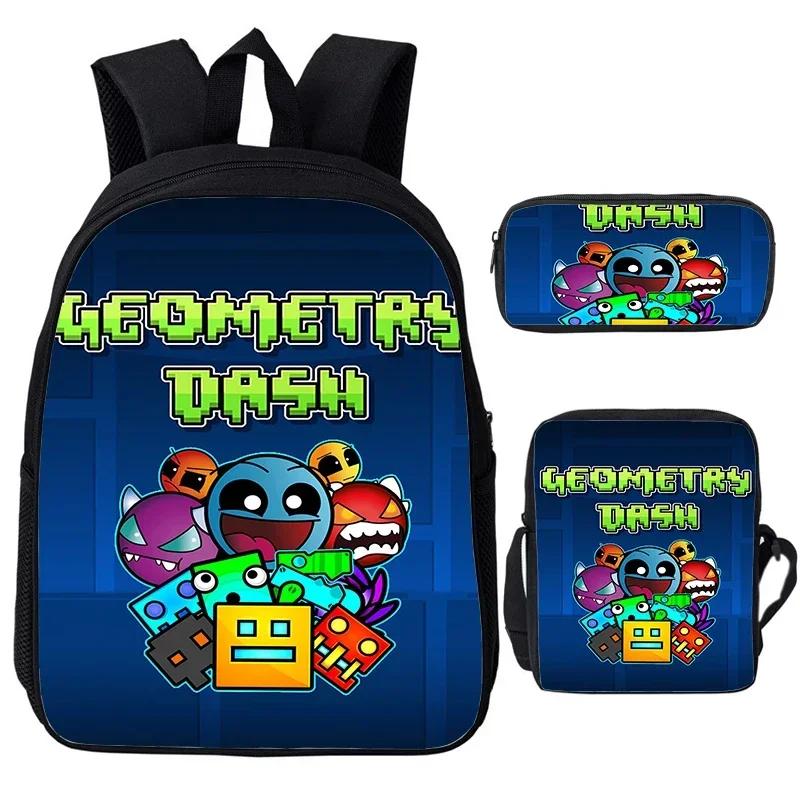 Angry Geometry Dash Cartoon Print Children Backpack 3Pcs Set Boys Girls School Bags Large Capacity Bookbag Back To School Gifts