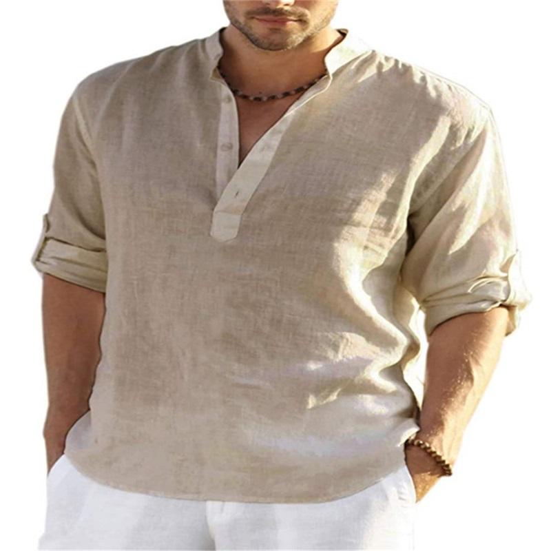 Men's Casual Cotton And Linen Solid Color Long-sleeved Shirt Loose Stand-up Collar Shirt Men
