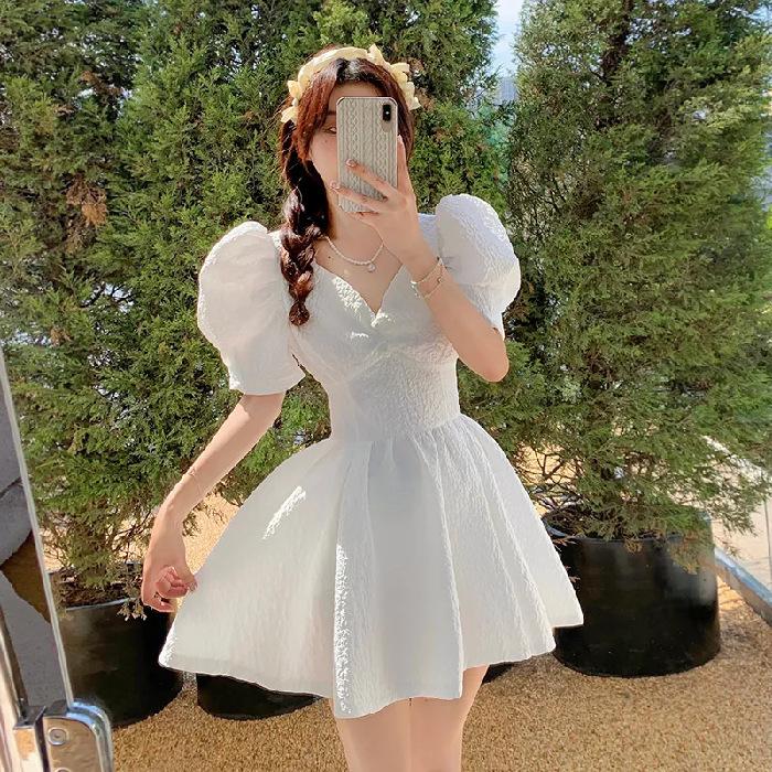 Summer New Sweet V-neck Waist Short Skirt Retro Lantern Sleeve Dress Women