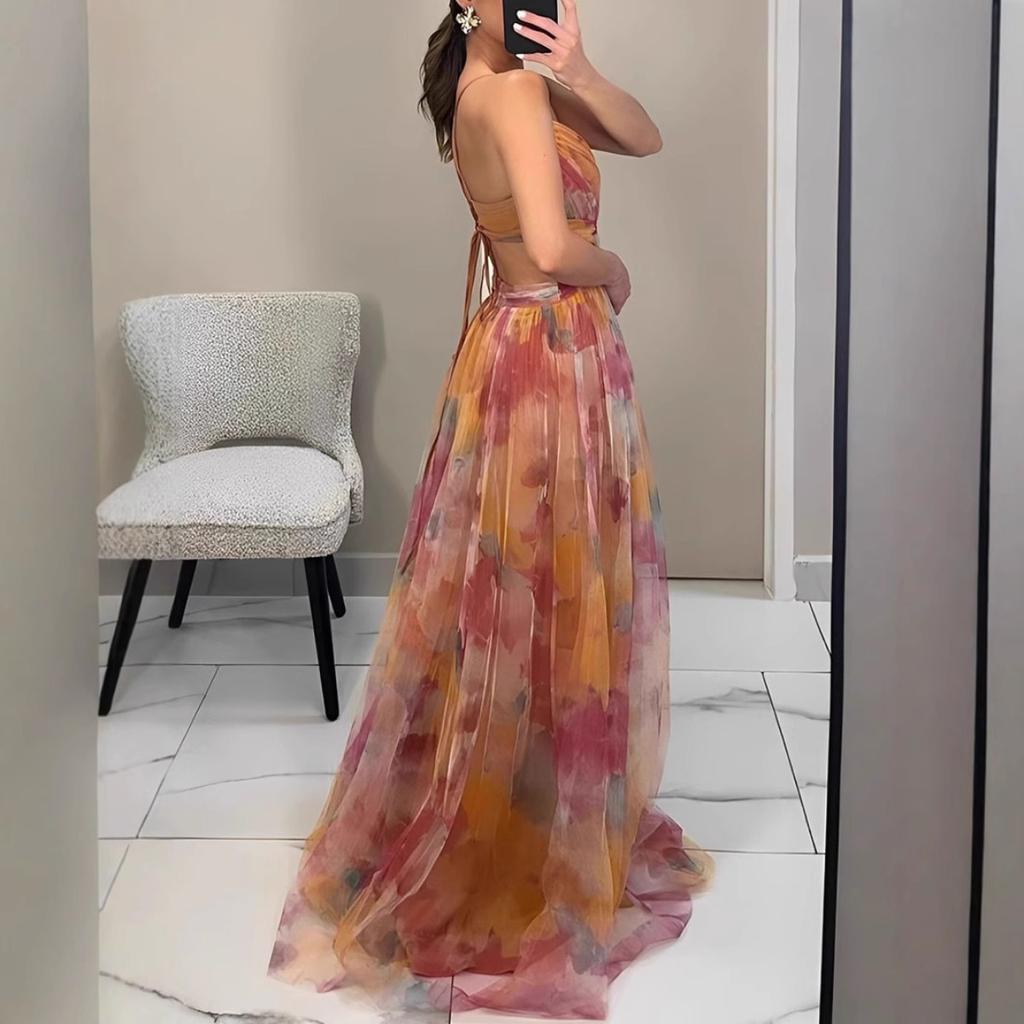 Spring Summer New Mesh Print Slip Dress for Women Crossborder European American Style