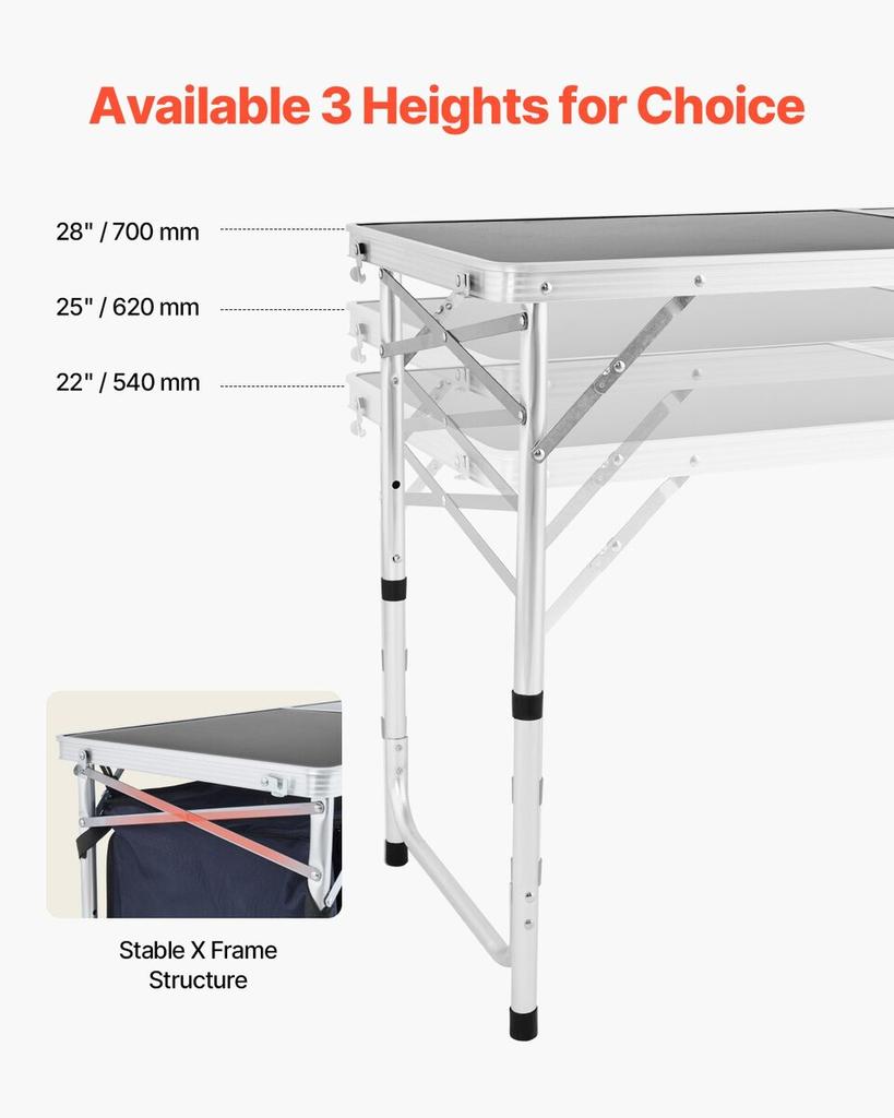 Camping Kitchen Table Folding Portable Cook Station 3 Adjustable Heights