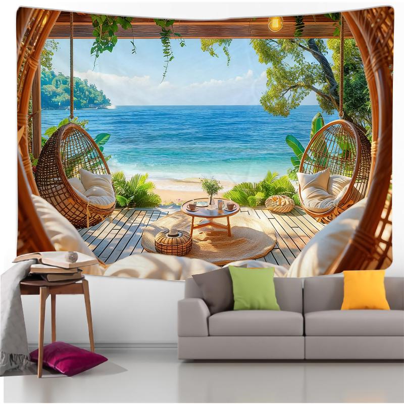 Wall Tapestry with Beach View, Ocean and Palm Tree Art, Tropical Style Design, Bohemian Decoration for Living Room and Bedroom.
