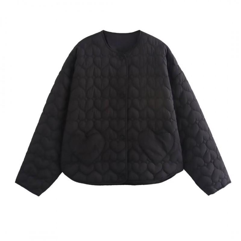 Womens Winter Streetwear Quilted Cotton Coat With Heart Two-Tone Design Regular Fit Long Sleeve Outerwear