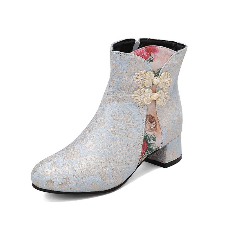 

33-47 Spring women s short boots antique flower color matching Hanfu shoes thick heel boots H531 39 синій