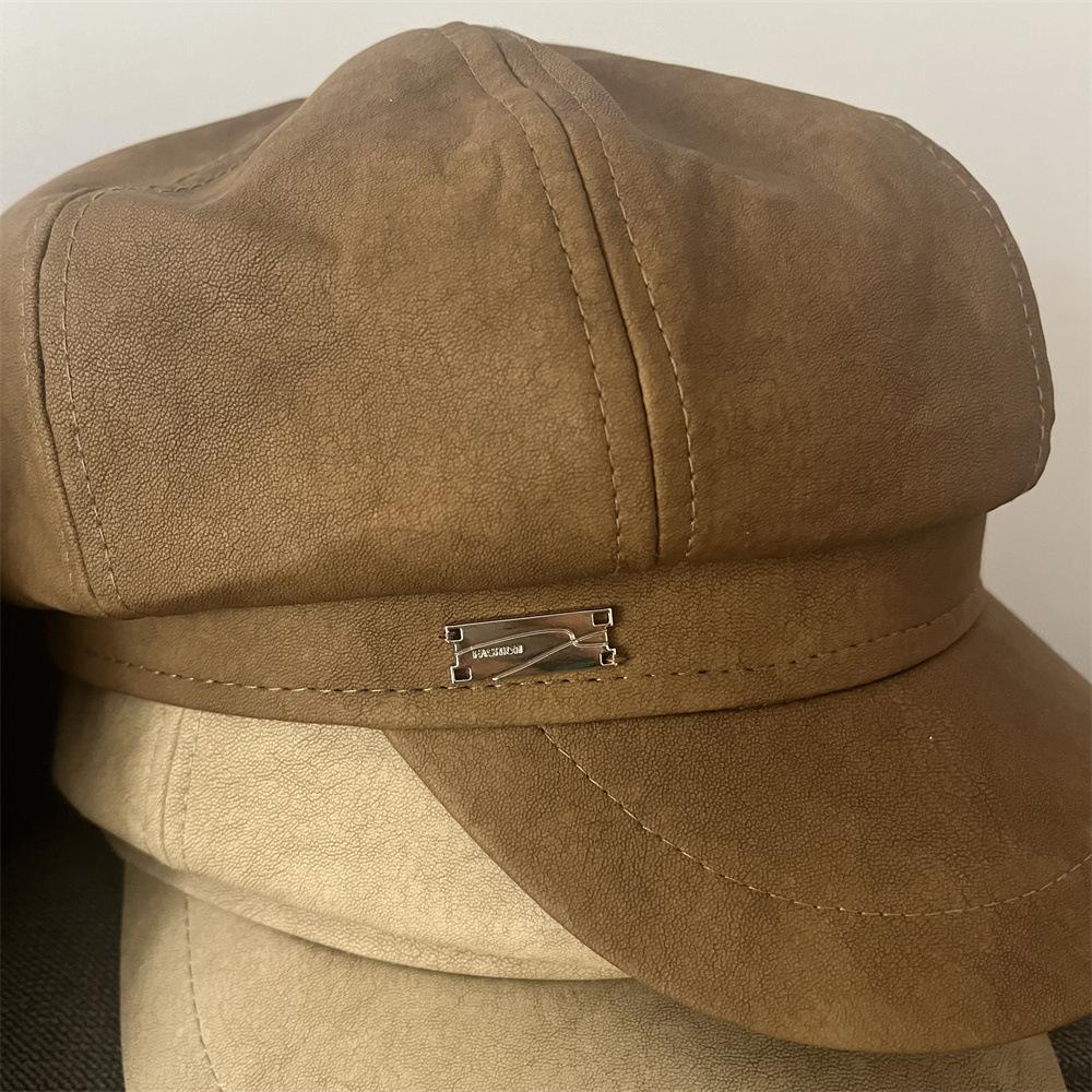 Hut Damen Herbst und Winter PU Leder Achteckhut Trendy Neu Vielseitige Malermütze Retro Mode Baskenmütze