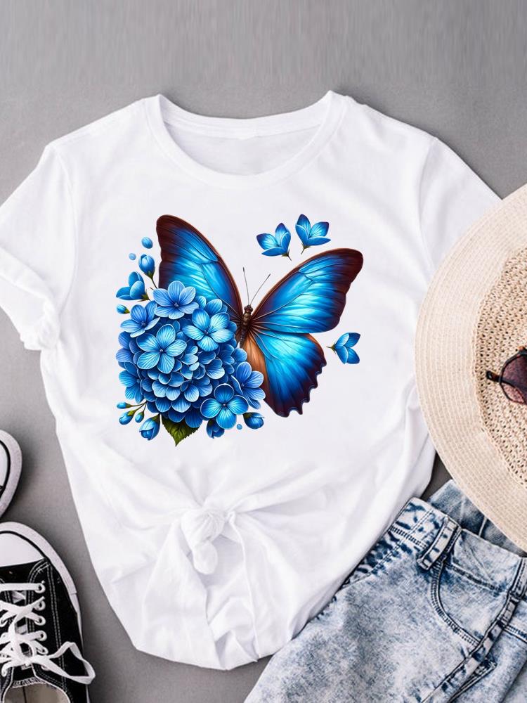 (Asian Size) Watercolor Butterfly Trend Print Casual Top O-neck Short Sleeve T-shirts T Graphic Tee Fashion Female Women's Clothing