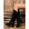 Double Buckle High-heeled Fashion Boots 2025 Winter New Suede Plus Size Thick Heel Round Toe Boots for Women