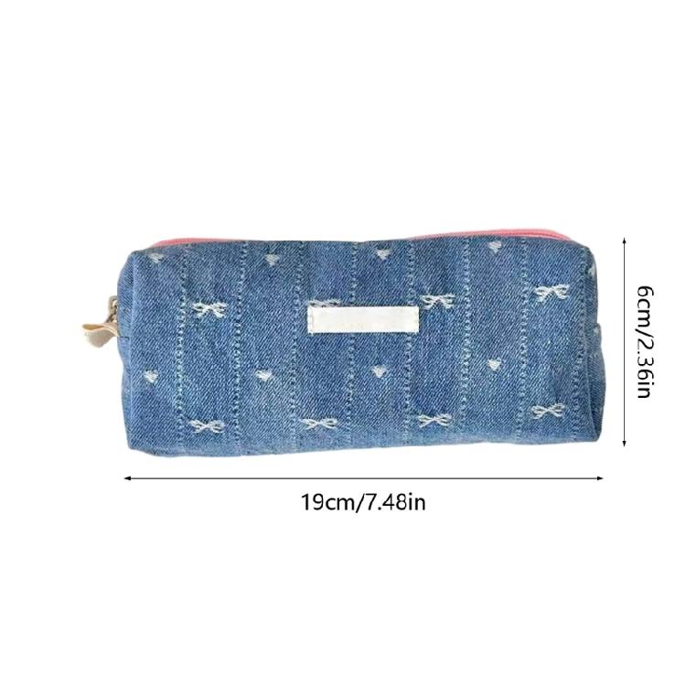 Jeans Fabric Pen Case Large Bowknot Pencil Bag Spacious Compartment Travel Makeup Bag for Student Women Travel Essential