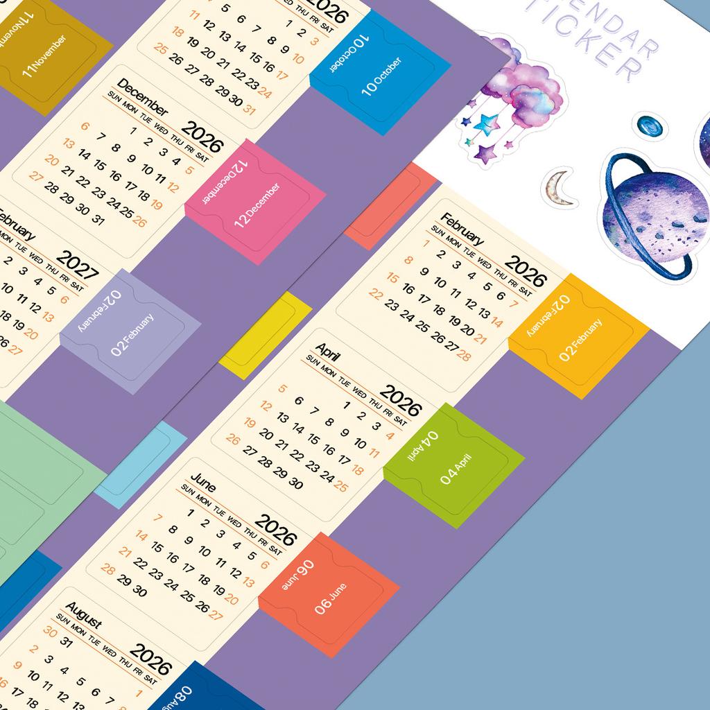 MINKYS 2026 12 Month Candy Color 2pcs/Pack Calendar Sticker Set Decorative Calendar Mark Lable Stationery Supplies