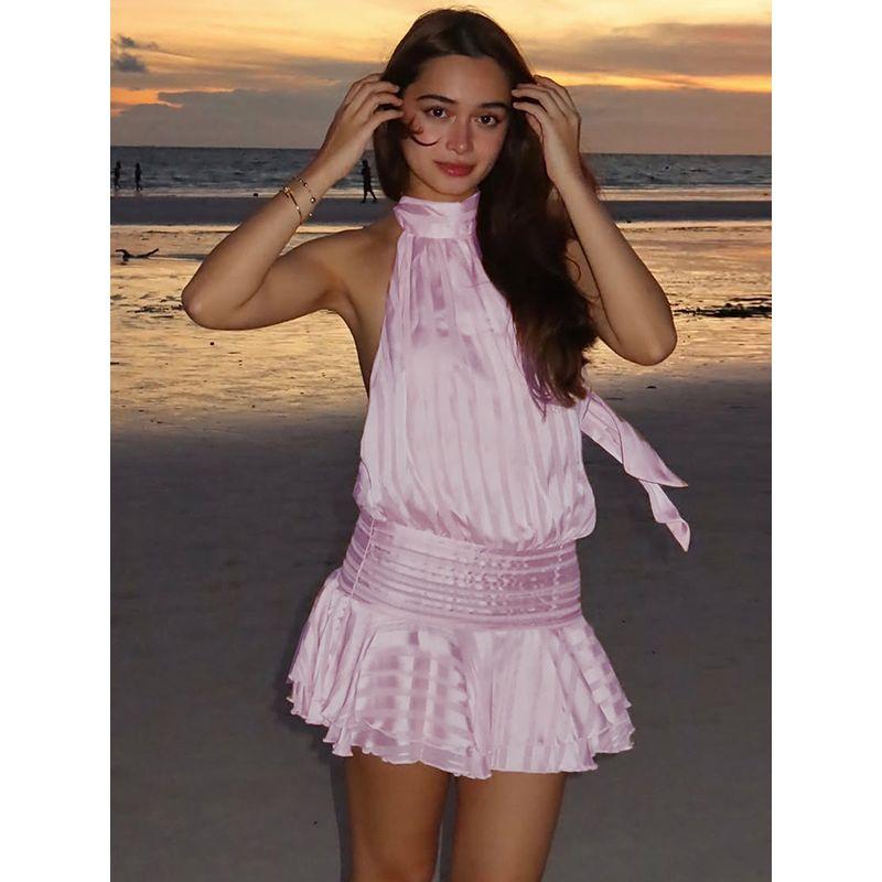 Gusty French Style Pure Desire Sexy Style Yellow Halterneck Dress Women's Summer Vacation Style Satin Tight Waist A- line Skirt
