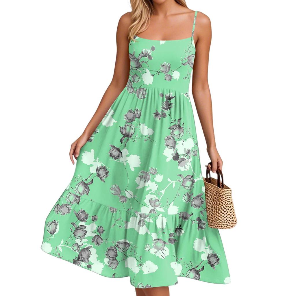 Women's Summer Spaghetti Strap Patchwork Beach Vacation Floral With Pocket Dresses