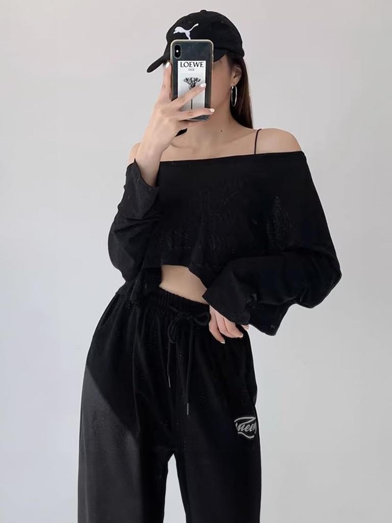 Yuoku Kort Lös Lång Streetwear Dans Hip Jazz Damtopp, Hoodie, Passform, Tunn, Genomskinlig, Ärmar, Pullover, Lager-på-lager, Midriff-exponerande, Kostym,