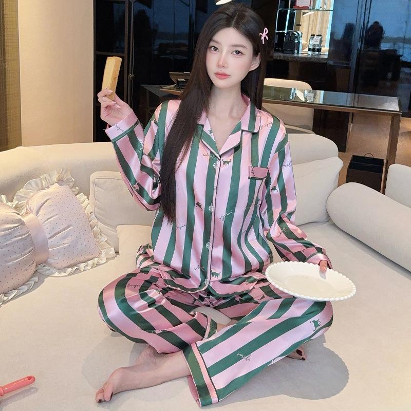 Ice Silk Pajamas Women'S Spring Thin Long-Sleeved Two-Piece Set, Sweet And Cool Loungewear Can Be Worn Outside