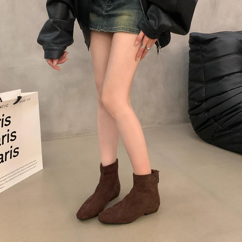 Sheepskin Version~ French Thick Heel Thin Boots Women's Shoes 2025 New Velvet Bare Boots Retro Suede Korean Small Short Boots
