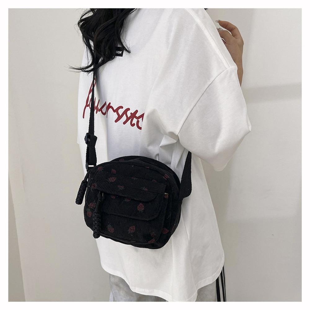 Fashion Printing Strawberry Crossbody Bag Zipper Corduroy Shoulder Bag Sweet Women Girl Large Capacity Handbag