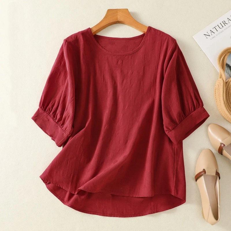 Women Round Neck Puff Three Quarter Sleeve Solid Textured Cotton Blouse Multi Colors