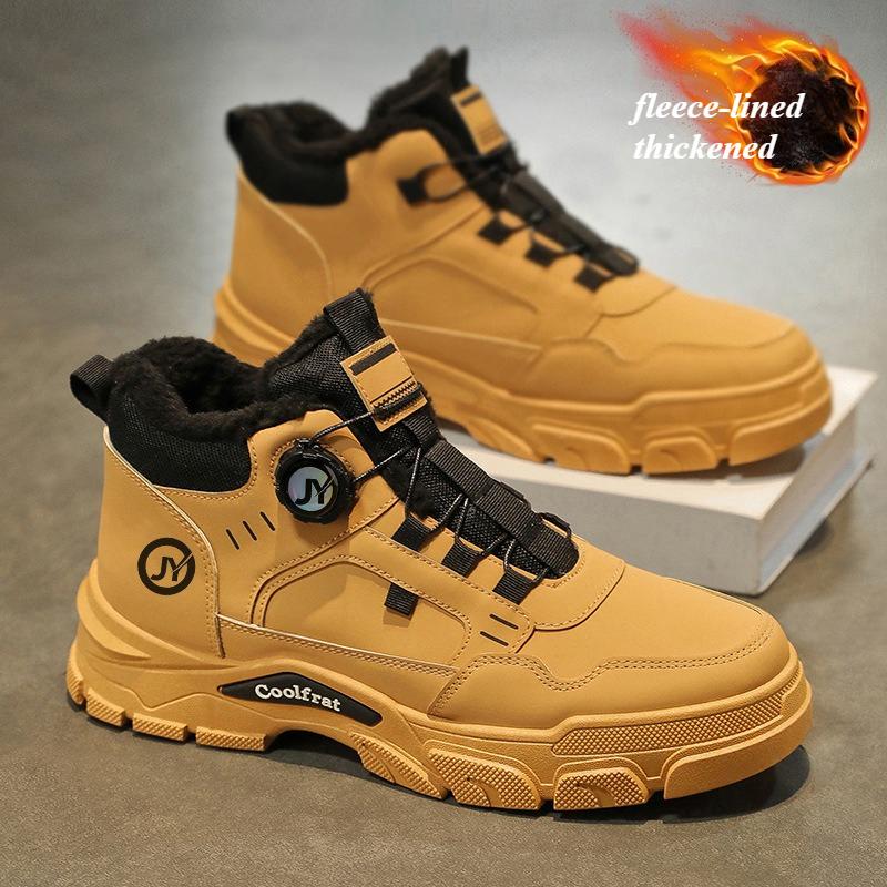 Men's Boots Plush 2025 Winter New Thick Soled Workwear Shoes Trendy Cold Proof Warm Cotton Short Boots Lace Up Botas Para Hombre