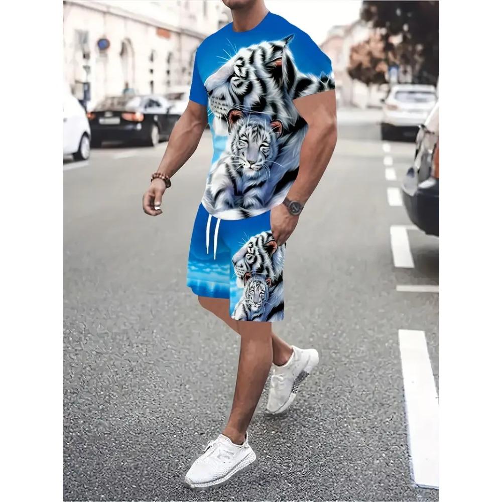 3D White Tiger Print Blue Summer Men s Short Sleeve Suit Fashion Street Short Sleeve Shorts 2 Casual Fashion New Style XS