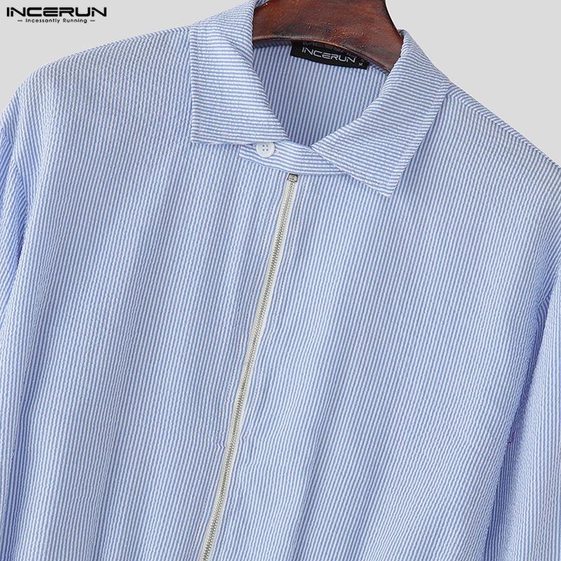 INCERUN Men Lapel Long Sleeve Zipper Up Striped Cropped Jackets Short Coats