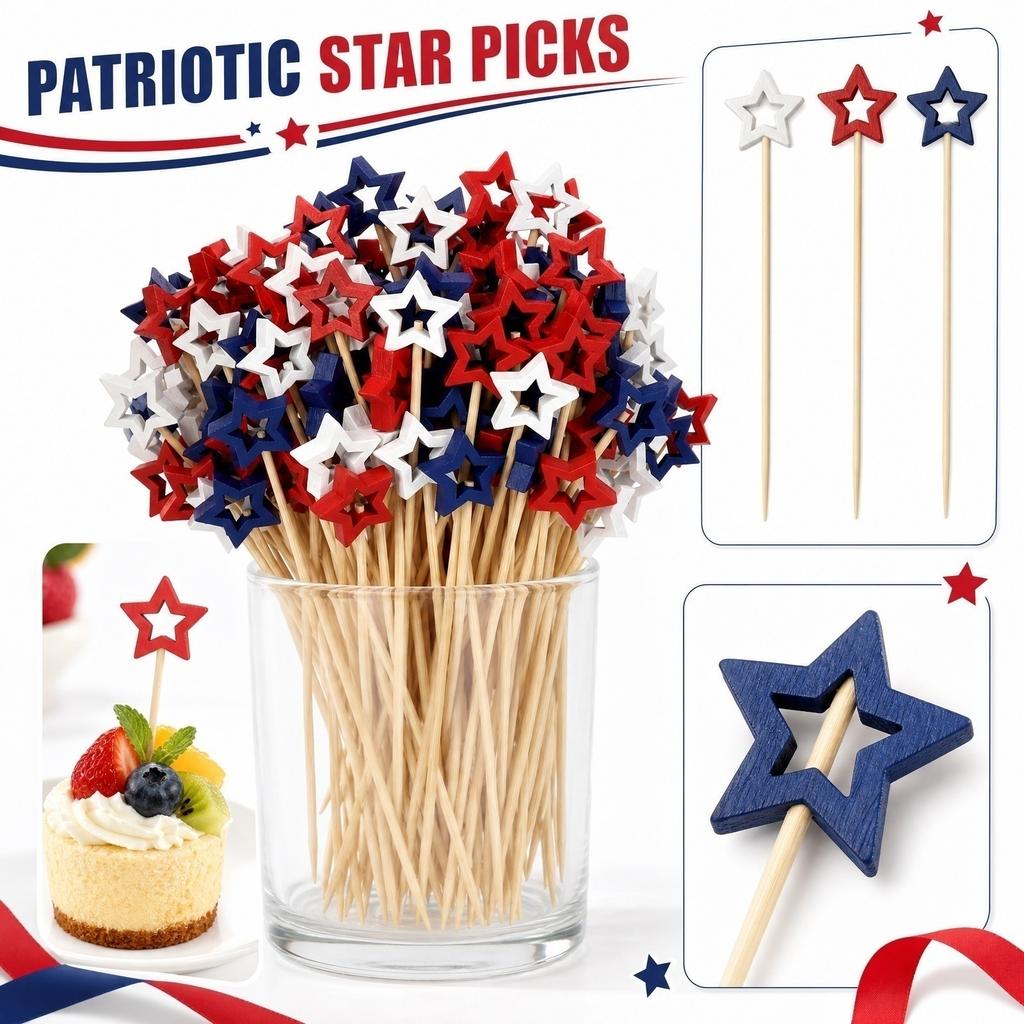 Disposable Wooden Fruit Picks with Hollow Star Design for Party Appetizers Desserts Snacks and Food Decoration 100 Pack