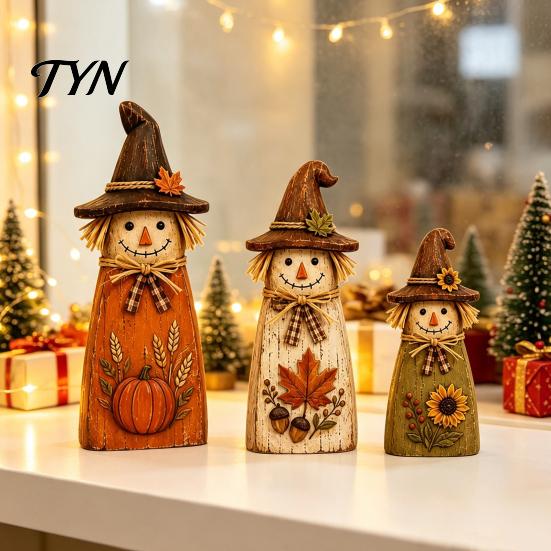 Vintage Farmhouse Fall Accents 3Pcs Rustic Wooden Halloween Cat Tabletop Decor, Black Figurine Moon Star Pumpkin Art with Witch Hat,